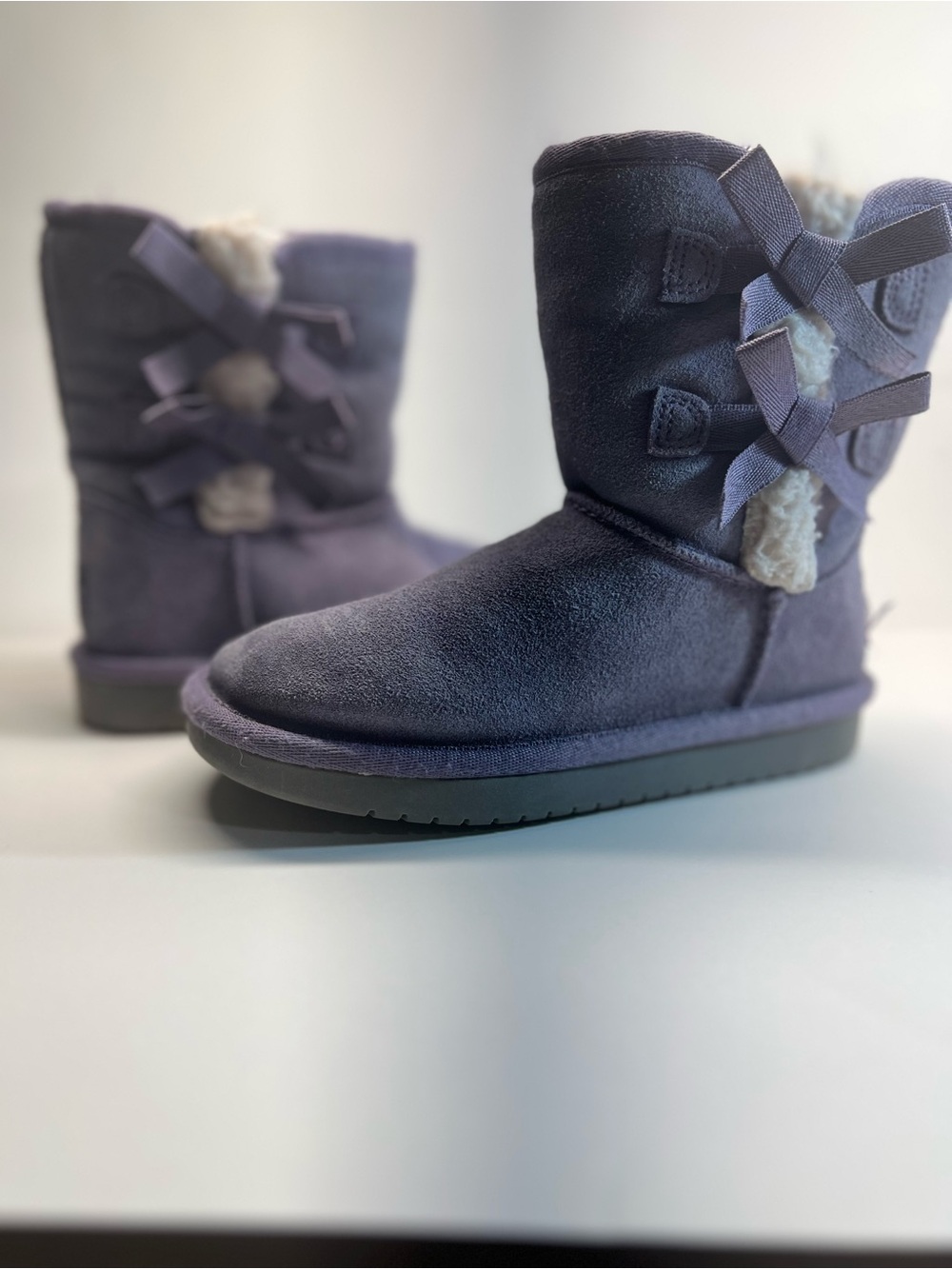 UGG Kids Suede Mid-Calf Boots with Bow Trim - Purple. Victoria Short Boot